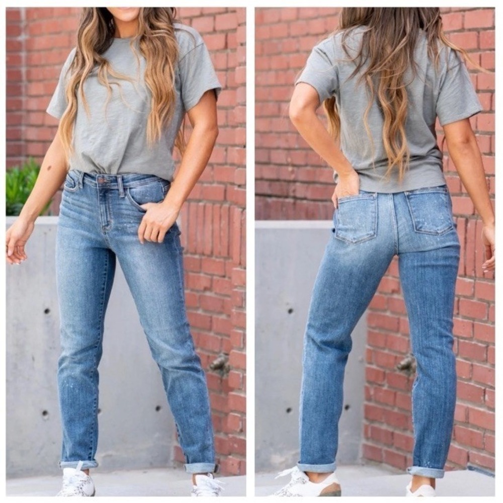 Judy Blue Lander High Waist Bleach Splash Boyfriend Fit Jean JB82346DK 5/27